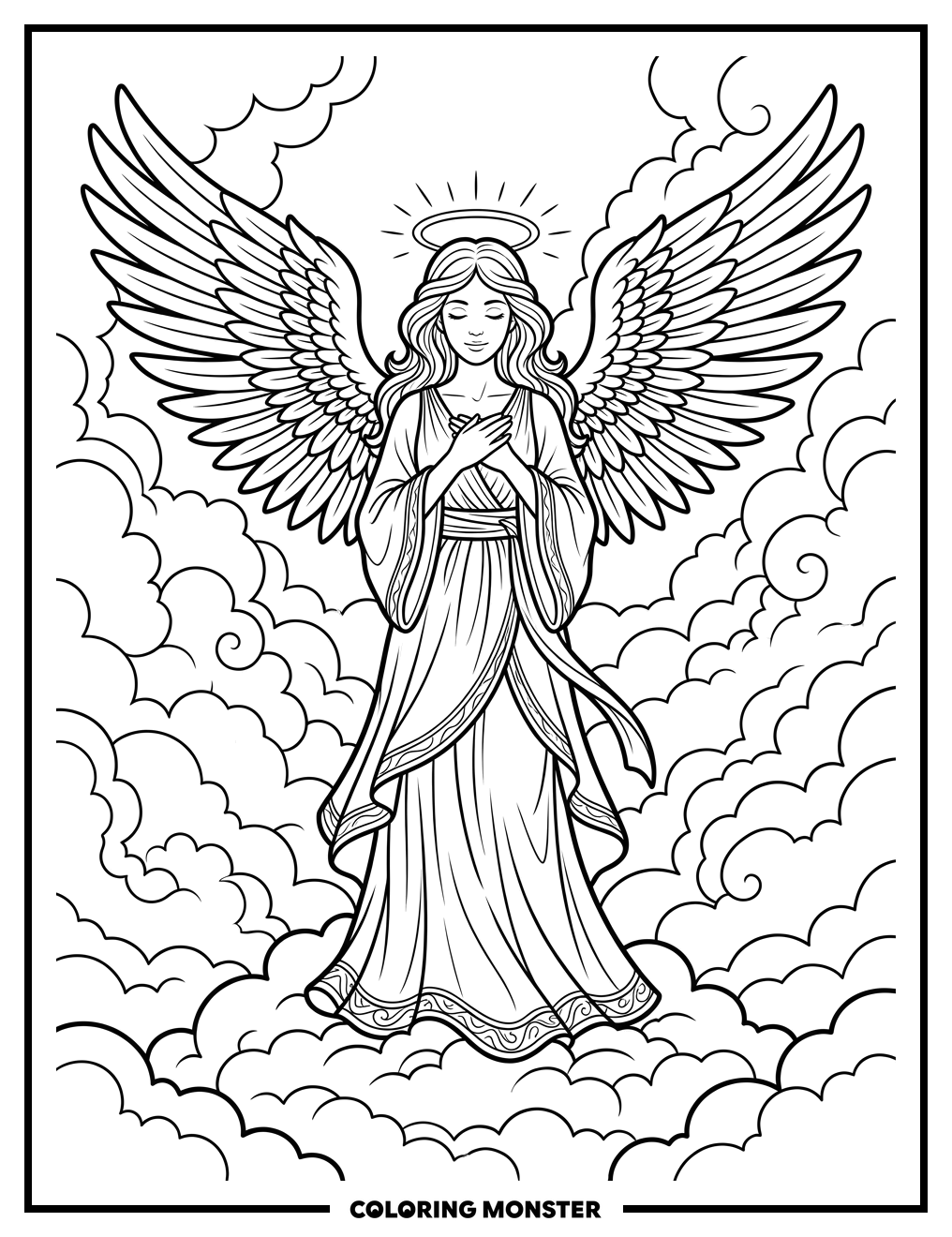 Angel Among Soft Clouds Coloring Page
