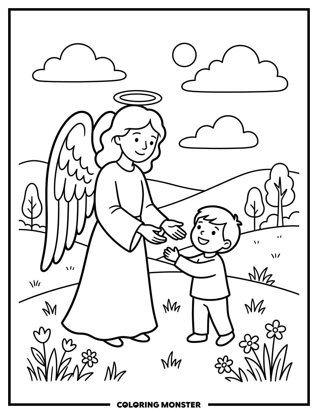 Angel and Child in Meadow Coloring Page