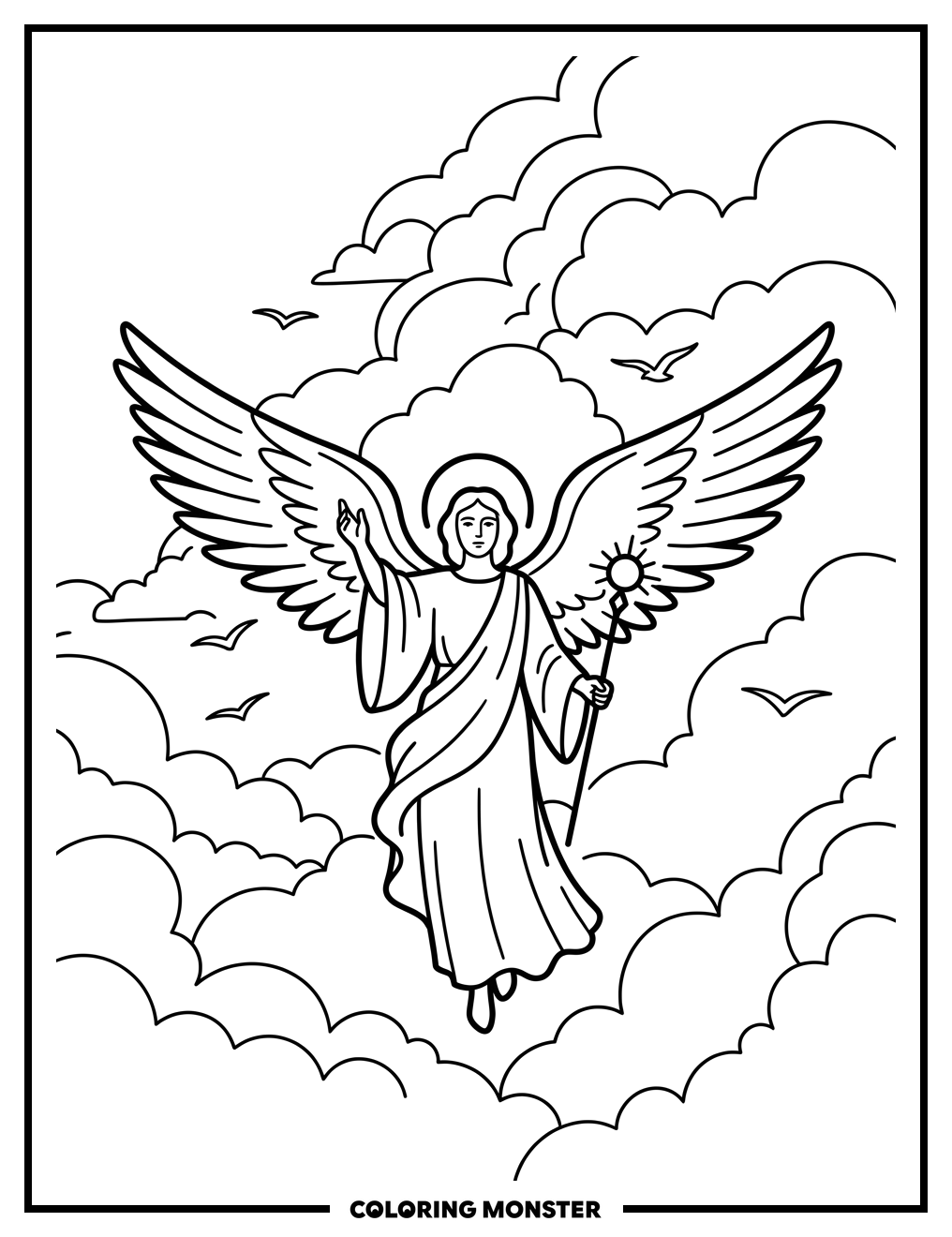 Angel Ascending Through Clouds Coloring Page