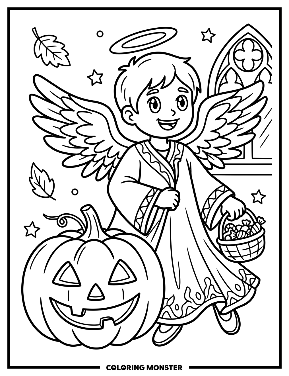 Angel Beside Halloween Pumpkin Coloring Page