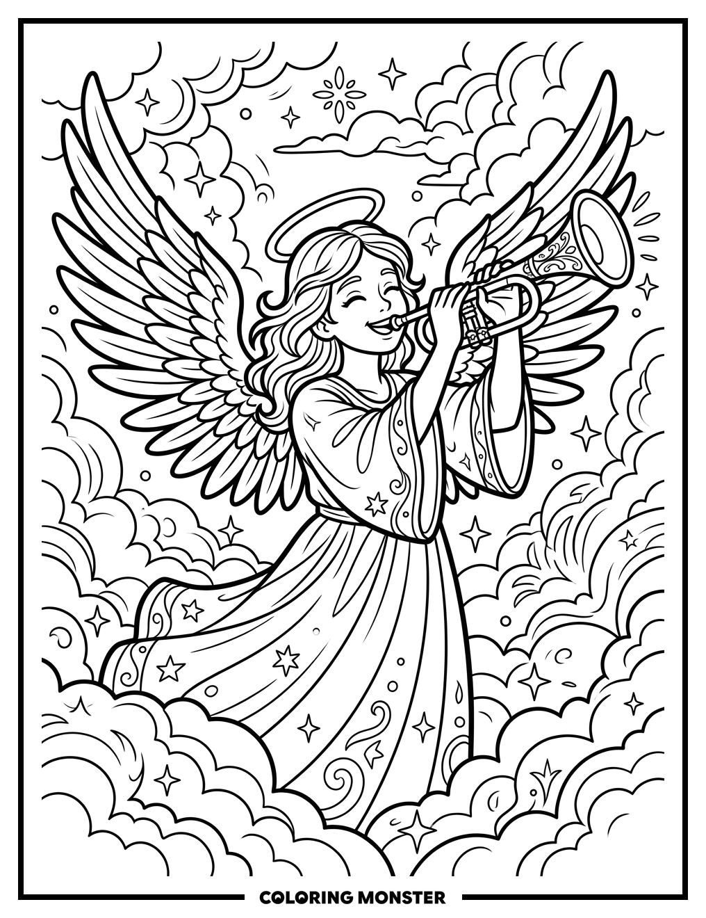 Angel Blowing Golden Trumpet Coloring Page