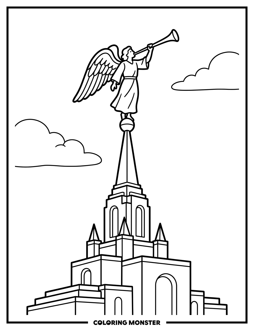 Angel Blowing Trumpet on Temple Spire Coloring Page