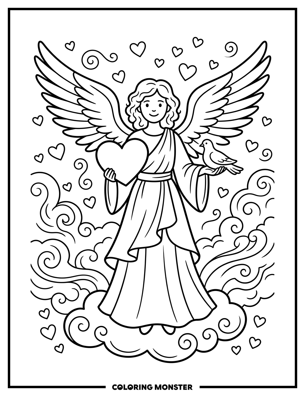 Angel Holding Heart and Dove Coloring Page