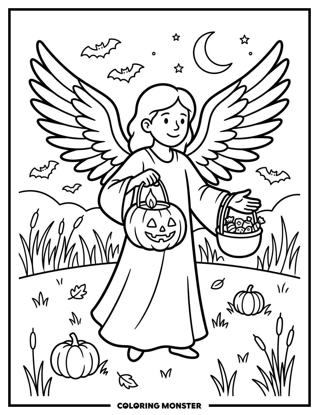 Angel Holding Pumpkin Lantern Coloring Page