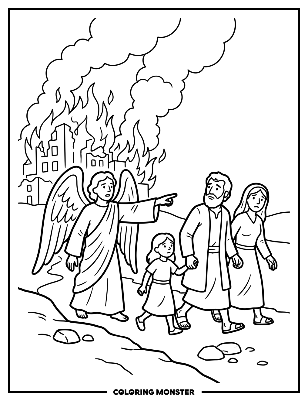 Angel Leads Lot's Family From Sodom Coloring Page