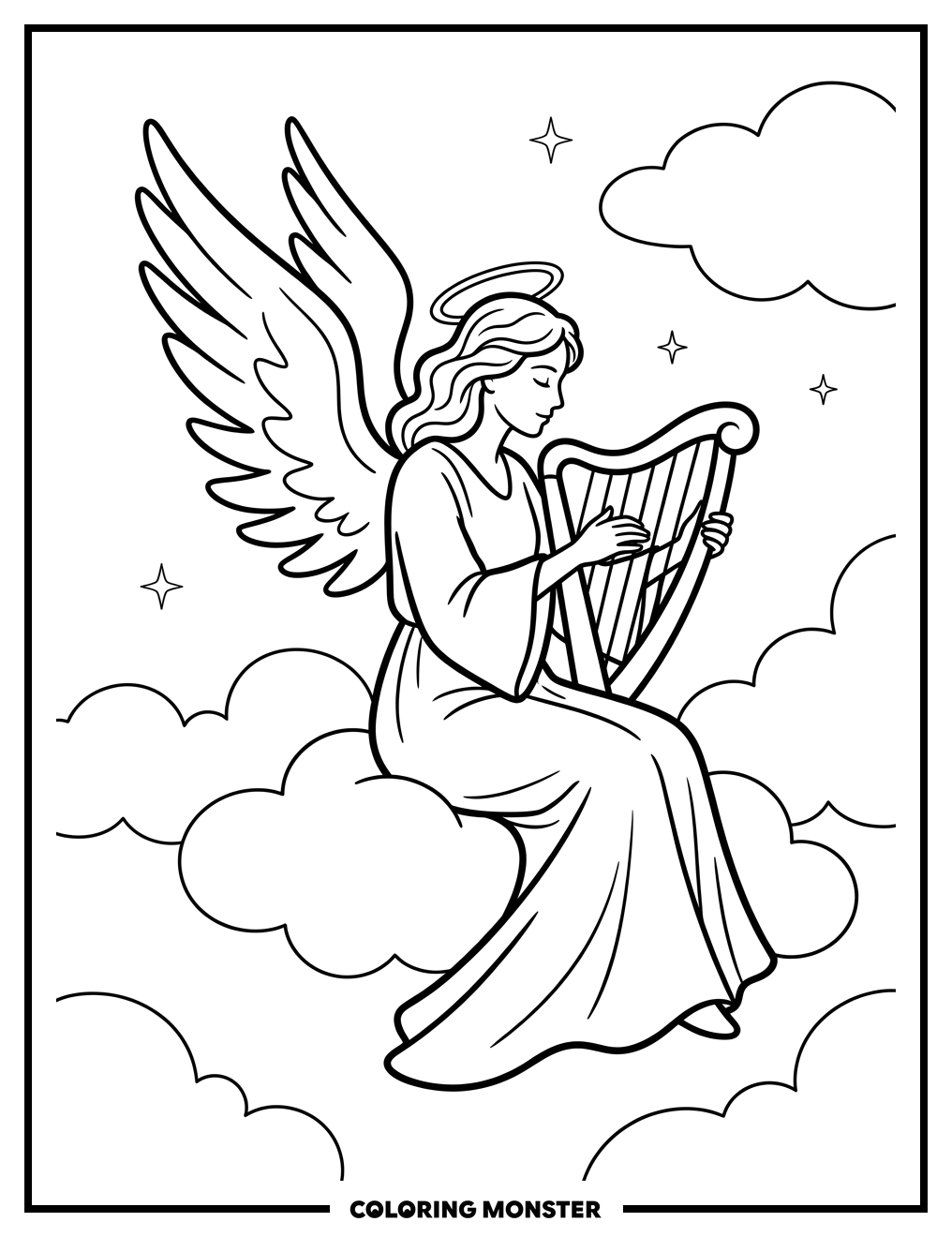 Angel Playing Harp on Clouds Coloring Page