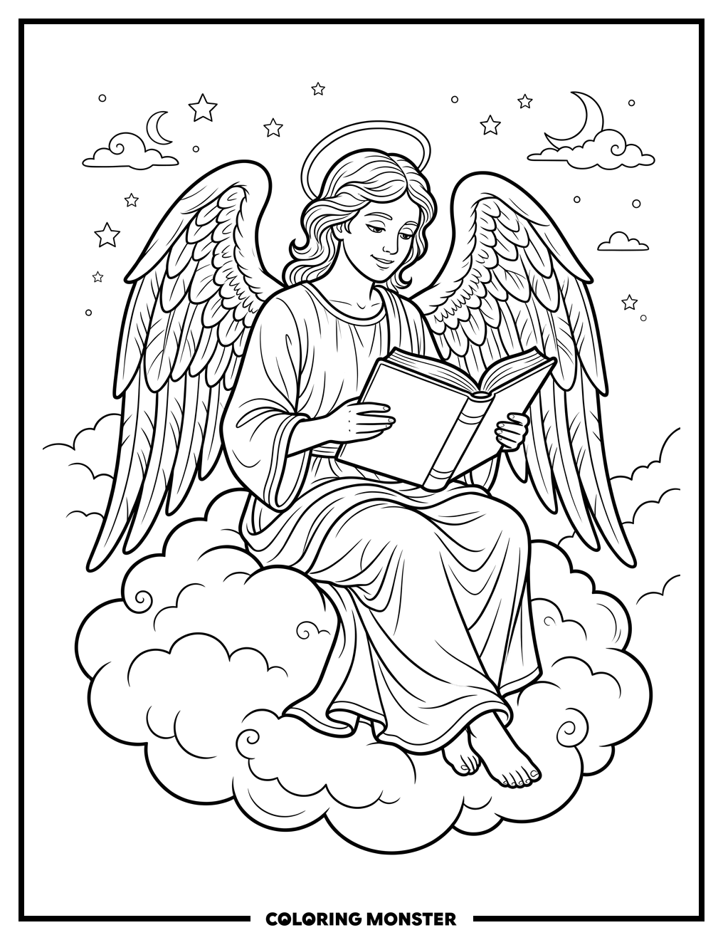 Angel Reading a Bible on a Cloud Coloring Page