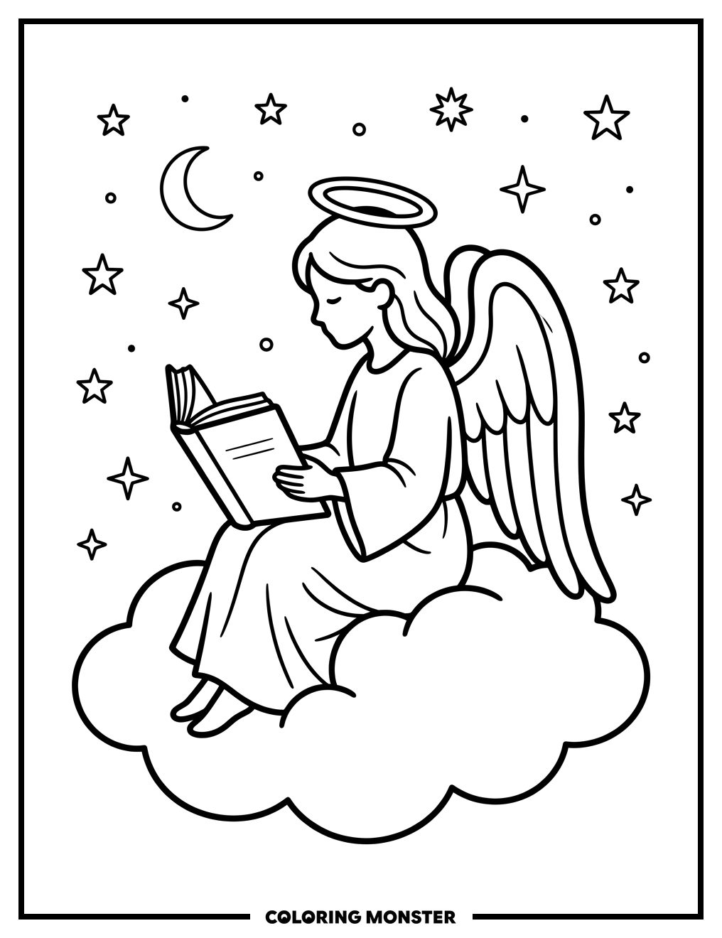 Angel Reading on a Cloud Coloring Page