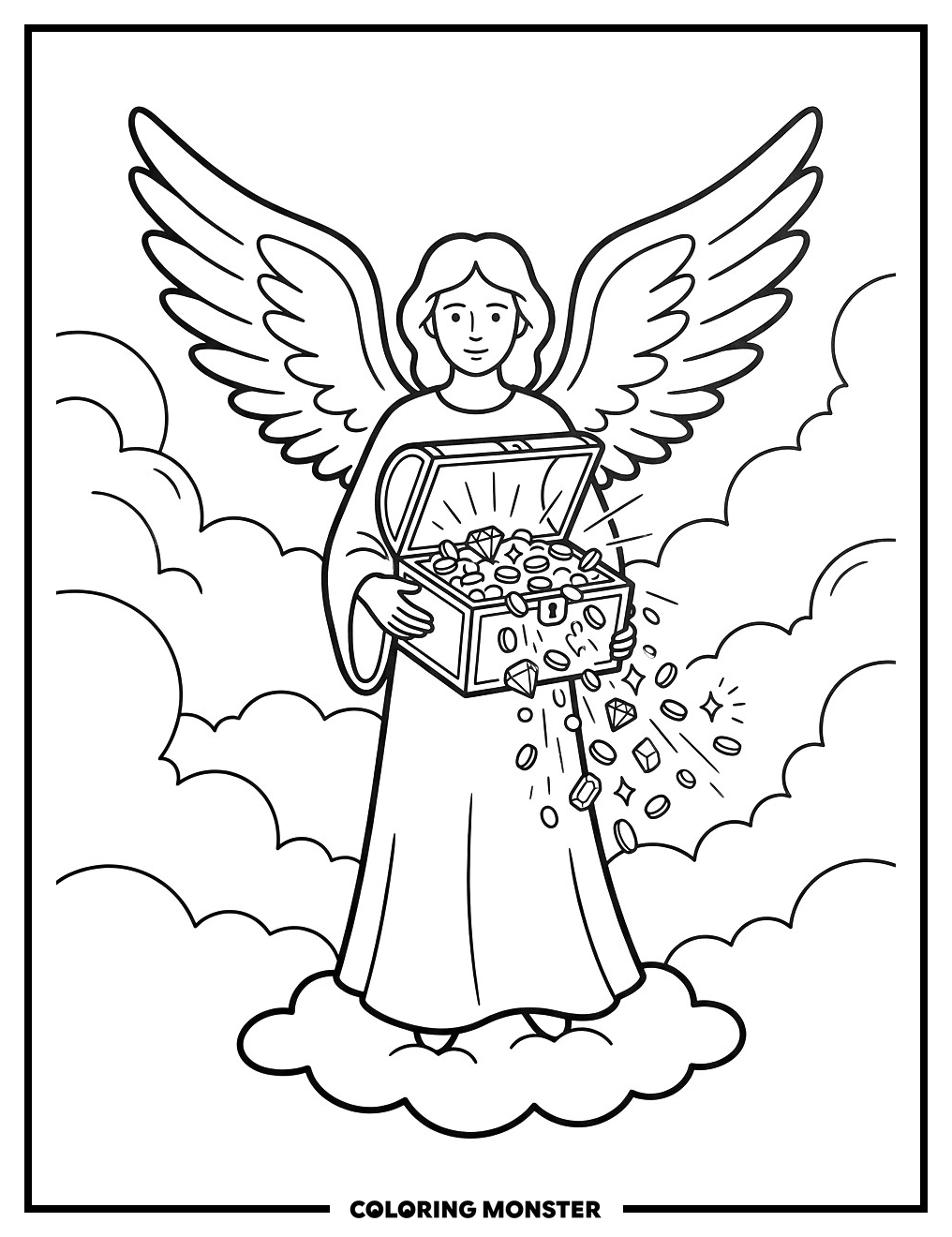Angel With Overflowing Treasure Chest Coloring Page