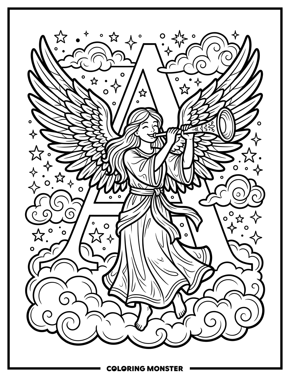 Angel with Trumpet and Alphabet A Coloring Page