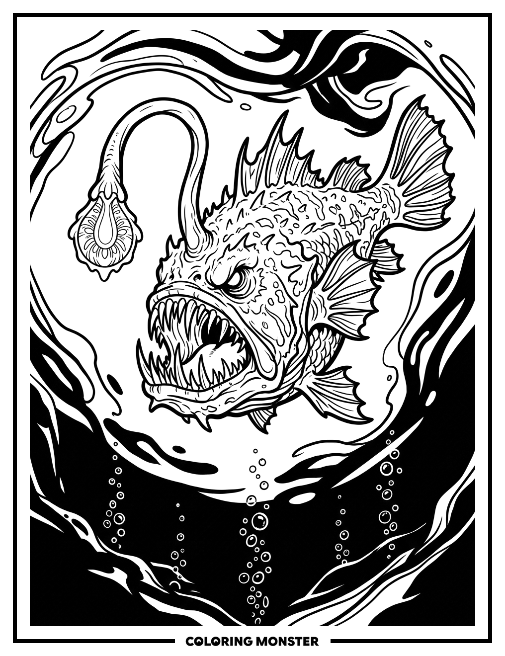 Anglerfish in Deep Ocean Darkness Coloring Page