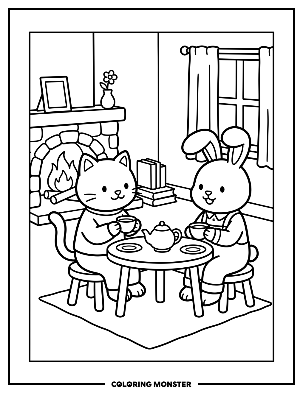 Animal Friends Tea Party Coloring Page
