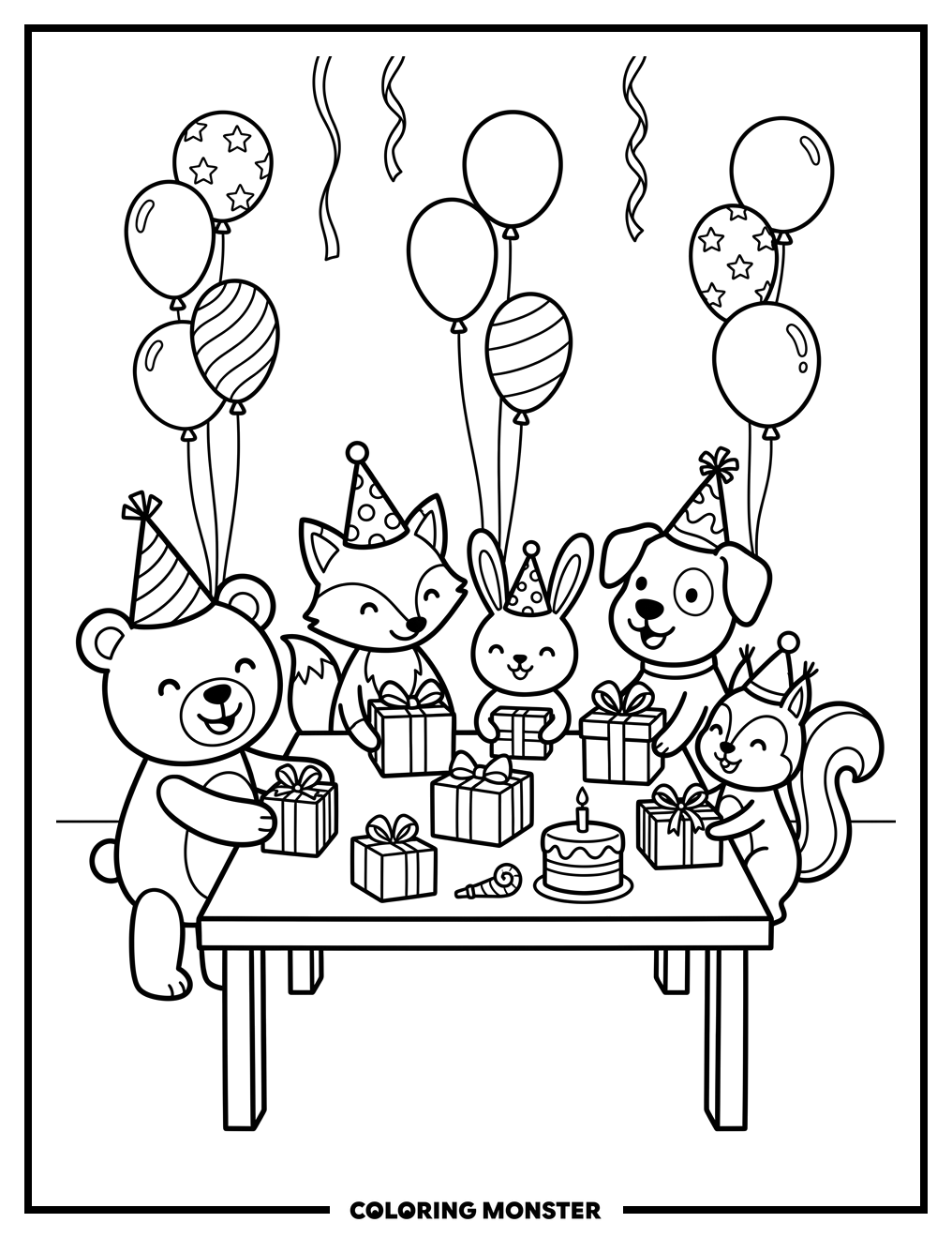 Animals Celebrating a Birthday Party Coloring Page