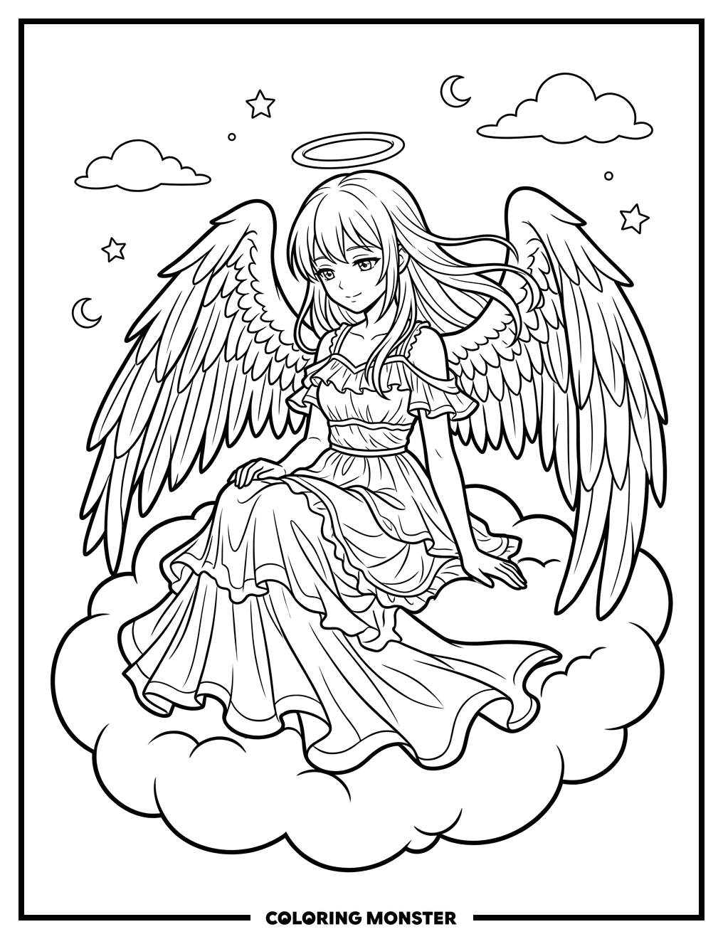 Anime Angel Girl on Cloud Coloring Page