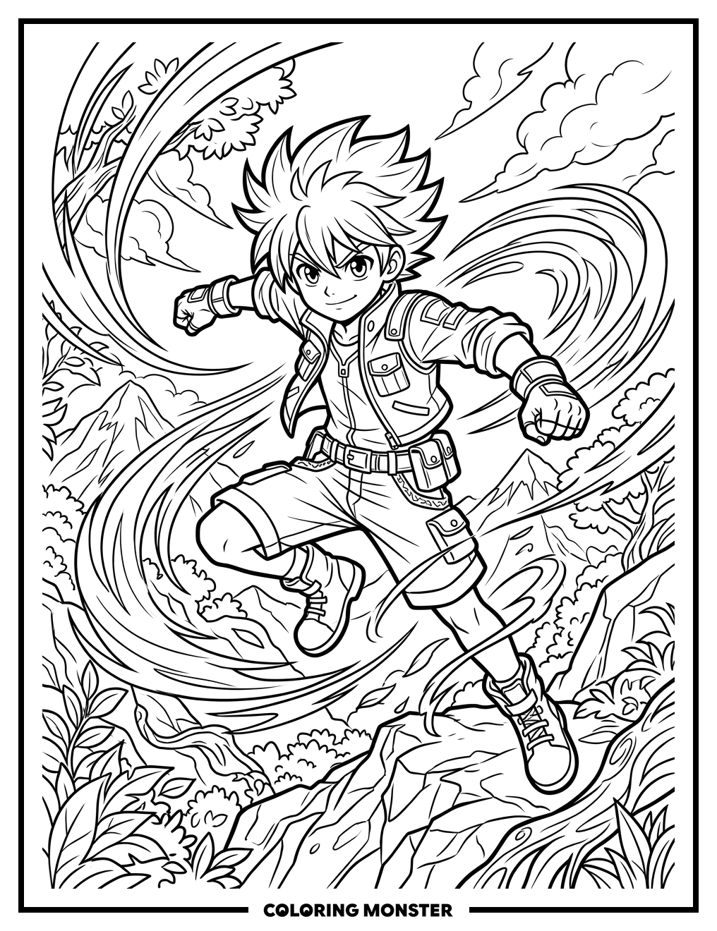 Anime Boy in Action Pose Coloring Page