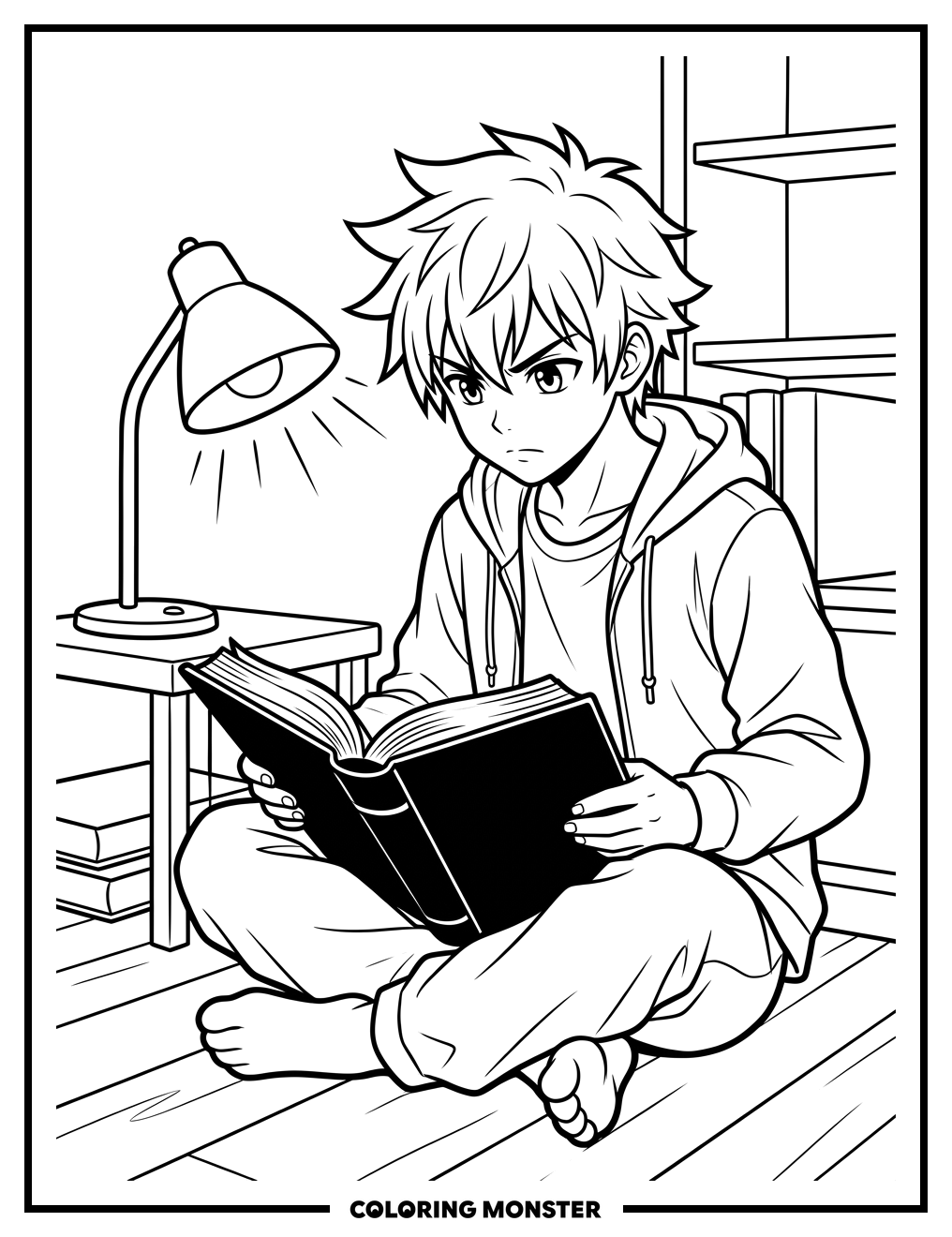 Anime Boy Reading Book Coloring Page