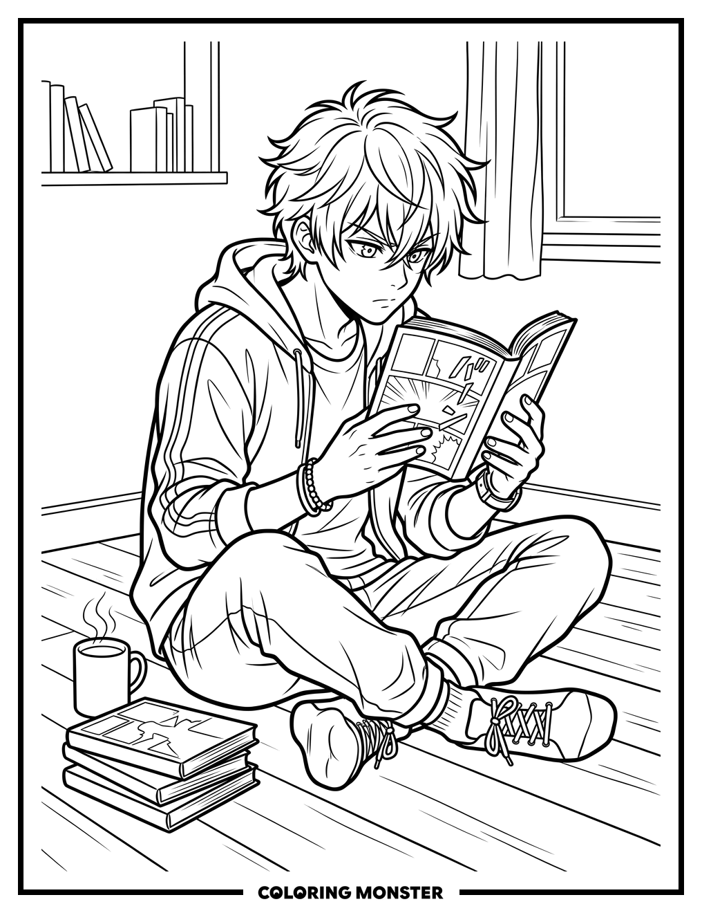 Anime Boy Reading Manga Coloring Page