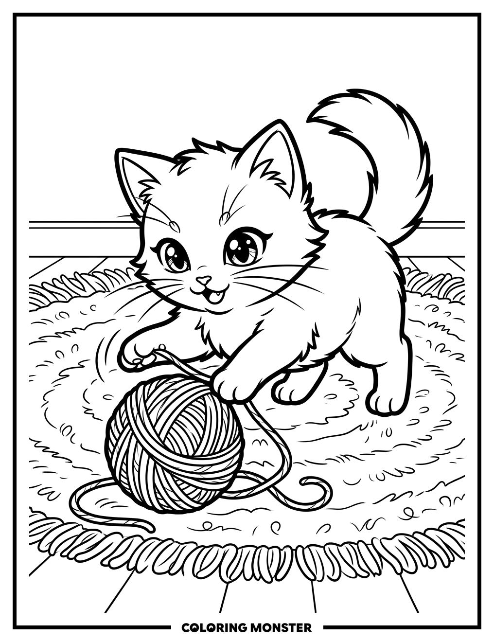Anime Cat Playing With Yarn Coloring Page