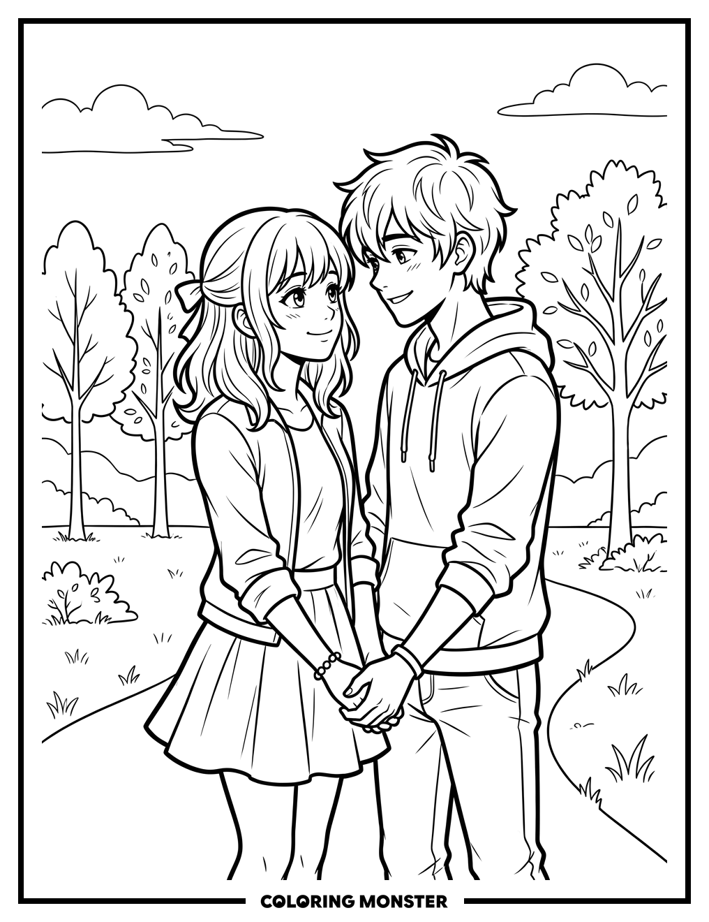 Anime Couple in Park Coloring Page