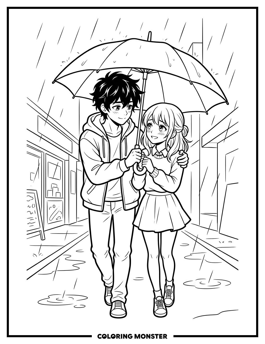 Anime Couple Under Umbrella Coloring Page