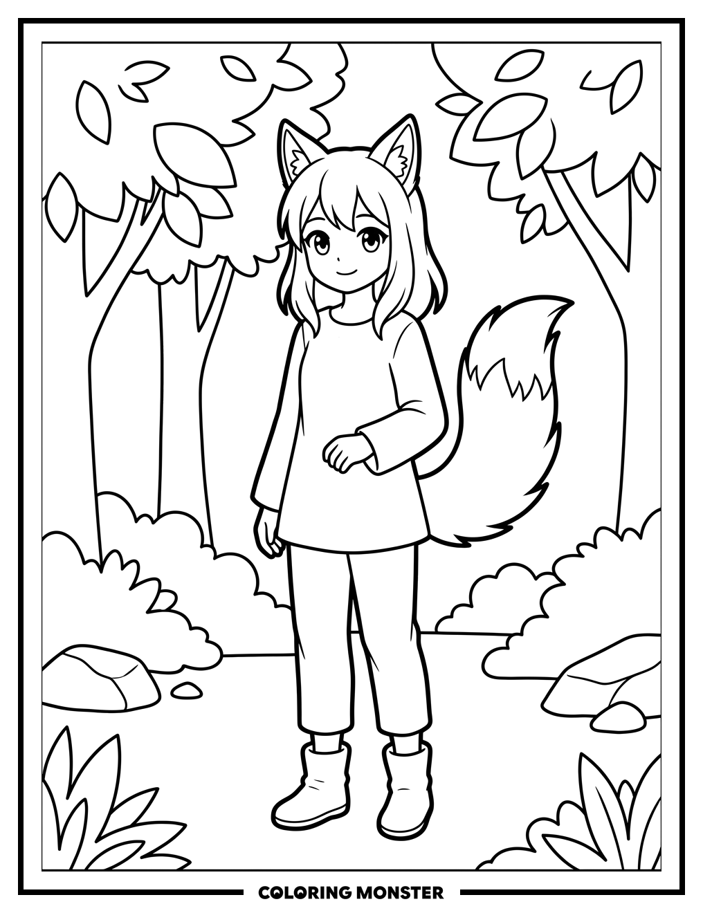 Anime Fox Girl In Forest Coloring Page