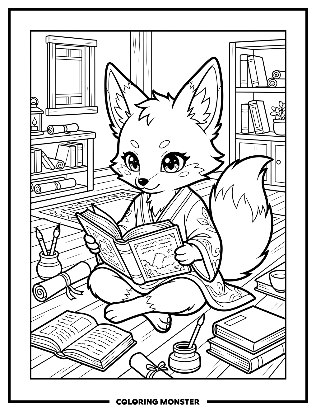 Anime Fox Reading a Book Coloring Page