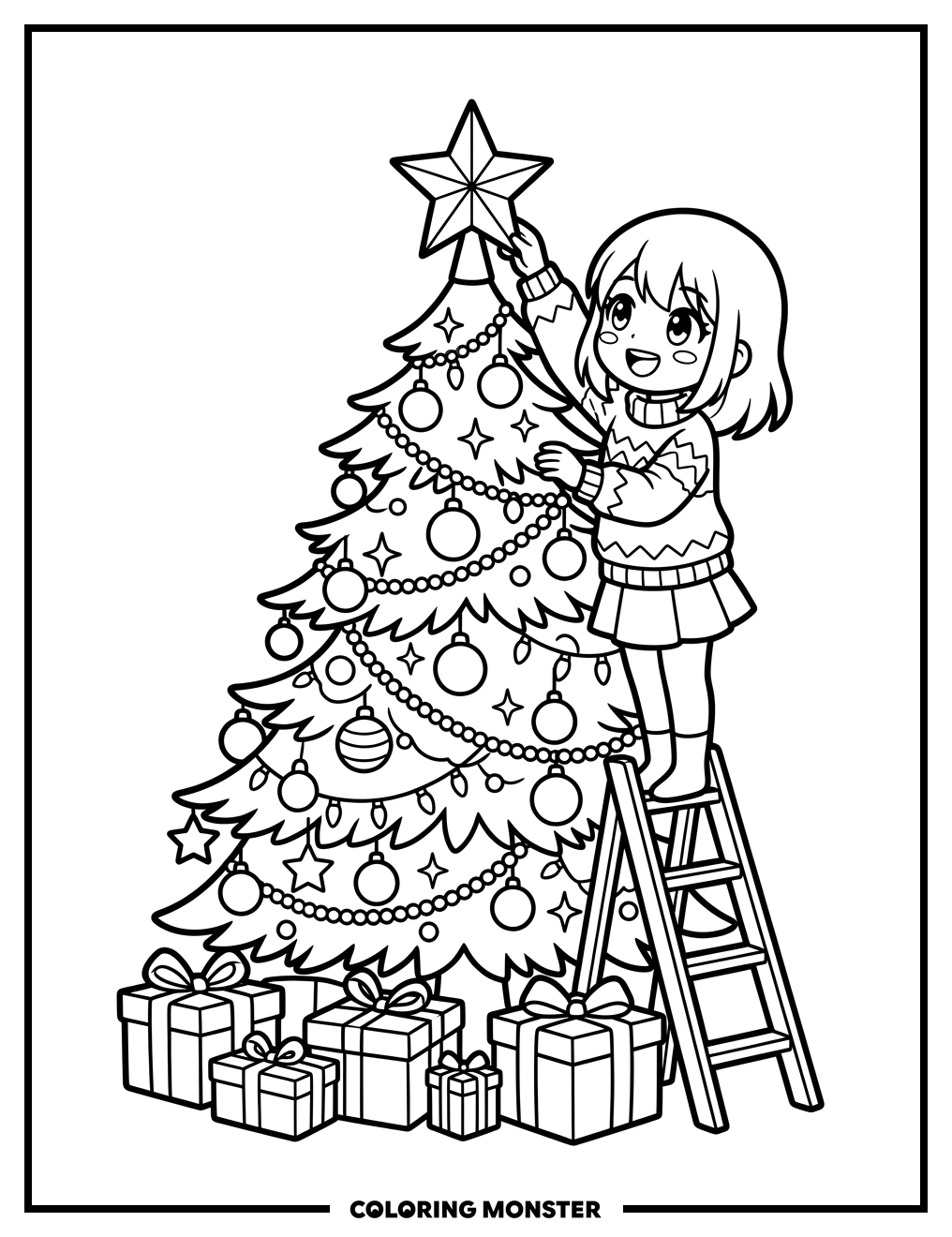 Anime Girl Decorates Christmas Tree Coloring Page
