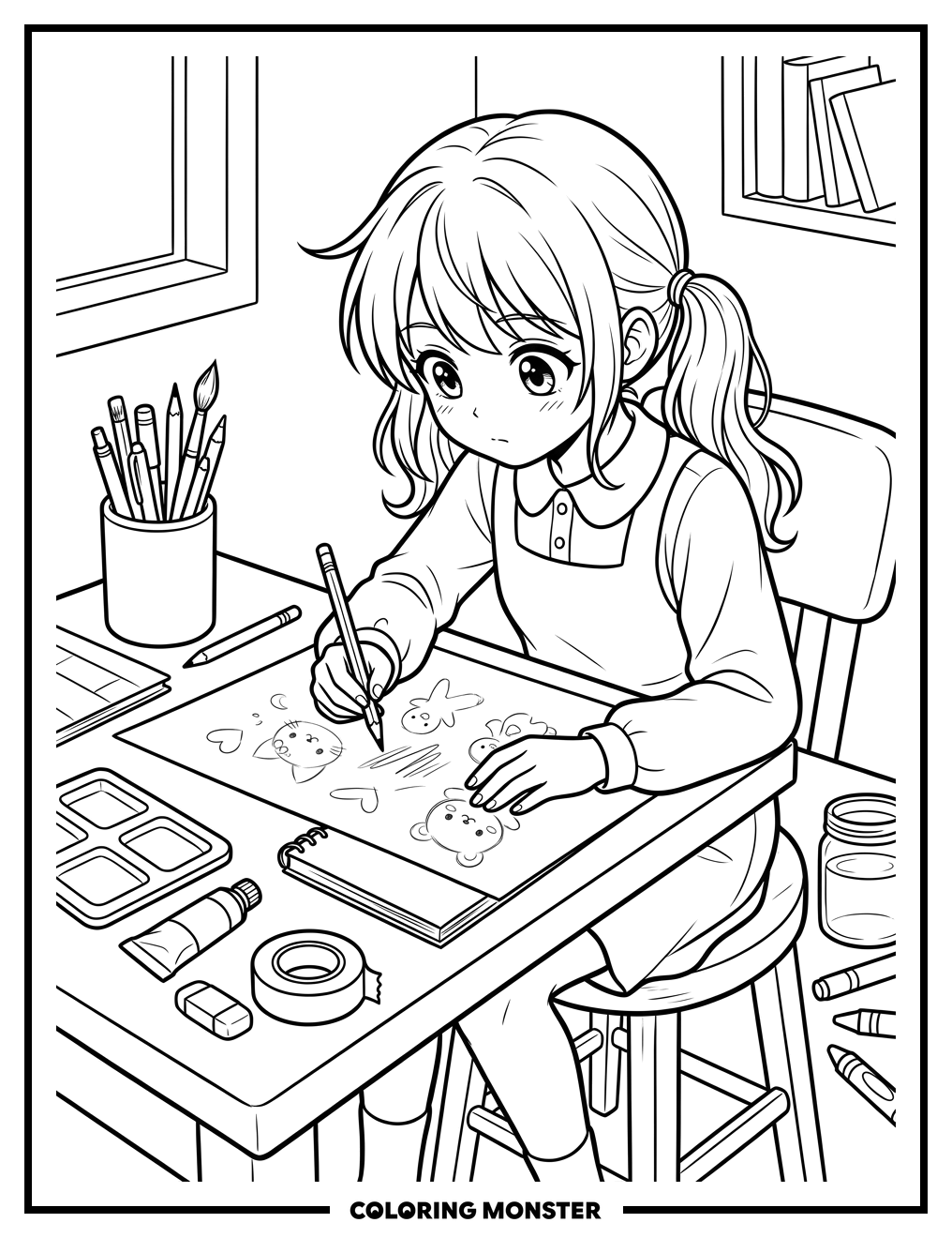 Anime Girl Drawing at Desk Coloring Page
