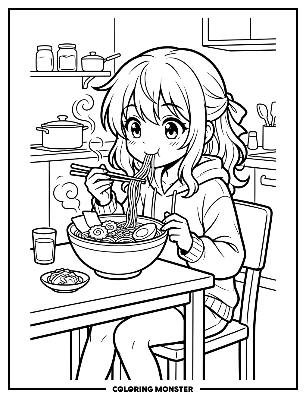 Anime Girl Eating Ramen Coloring Page