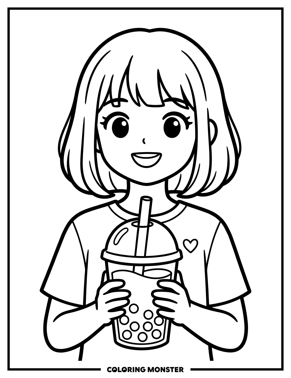 Anime Girl Holding Boba Tea Coloring Page
