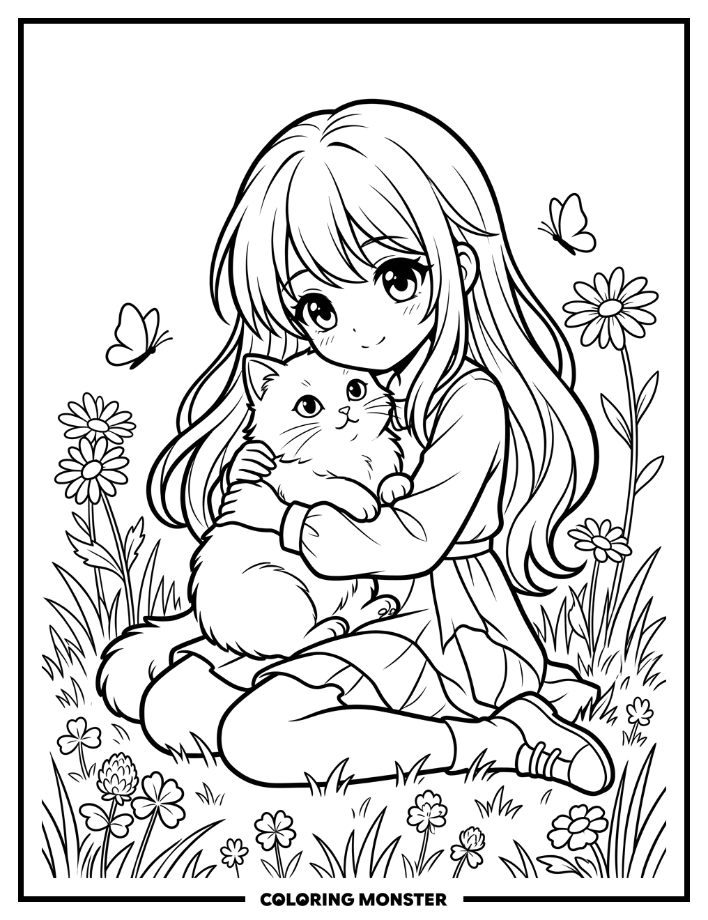 Anime Girl Hugging Fluffy Cat Coloring Page