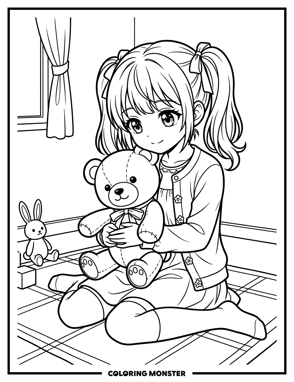 Anime Girl Hugs Teddy Bear Coloring Page