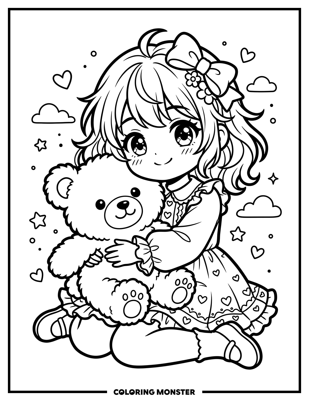 Anime Girl Hugs Teddy Bear Coloring Page