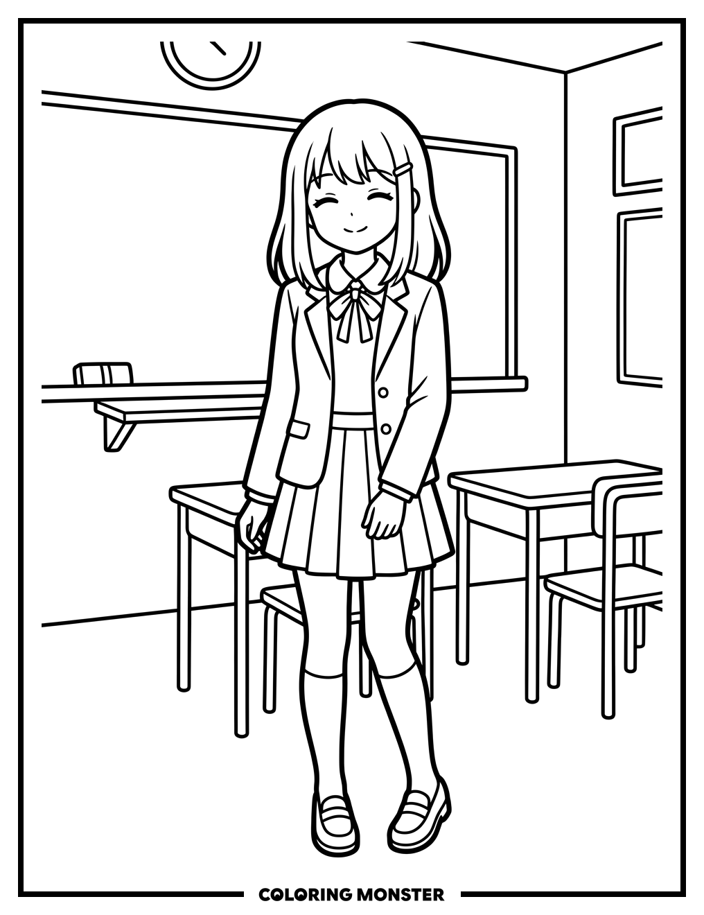 Anime Girl in Classroom Coloring Page