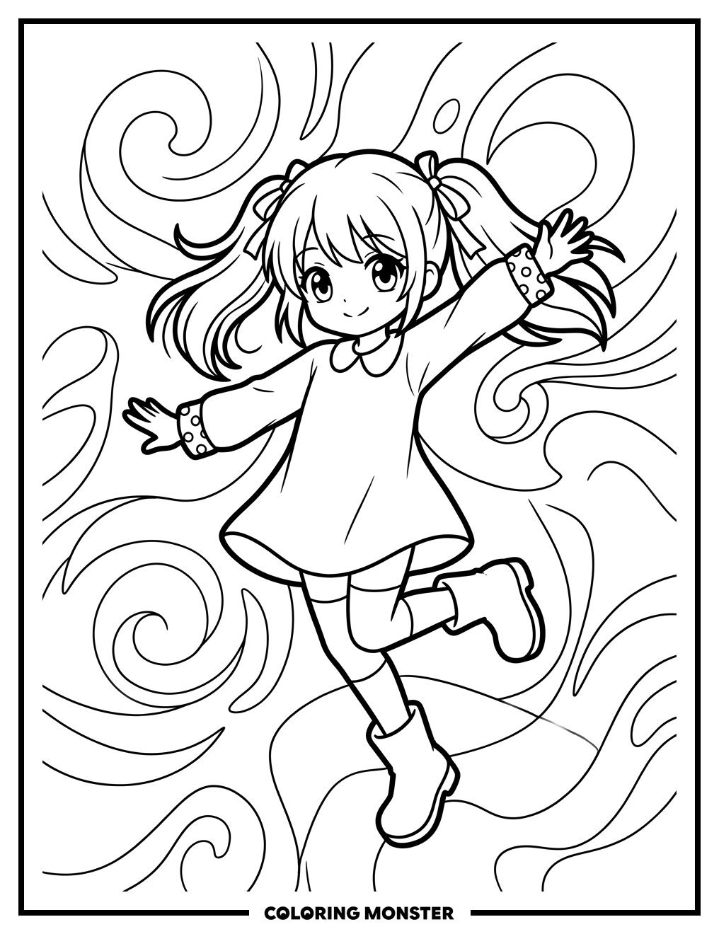 Anime Girl in Dynamic Pose Coloring Page