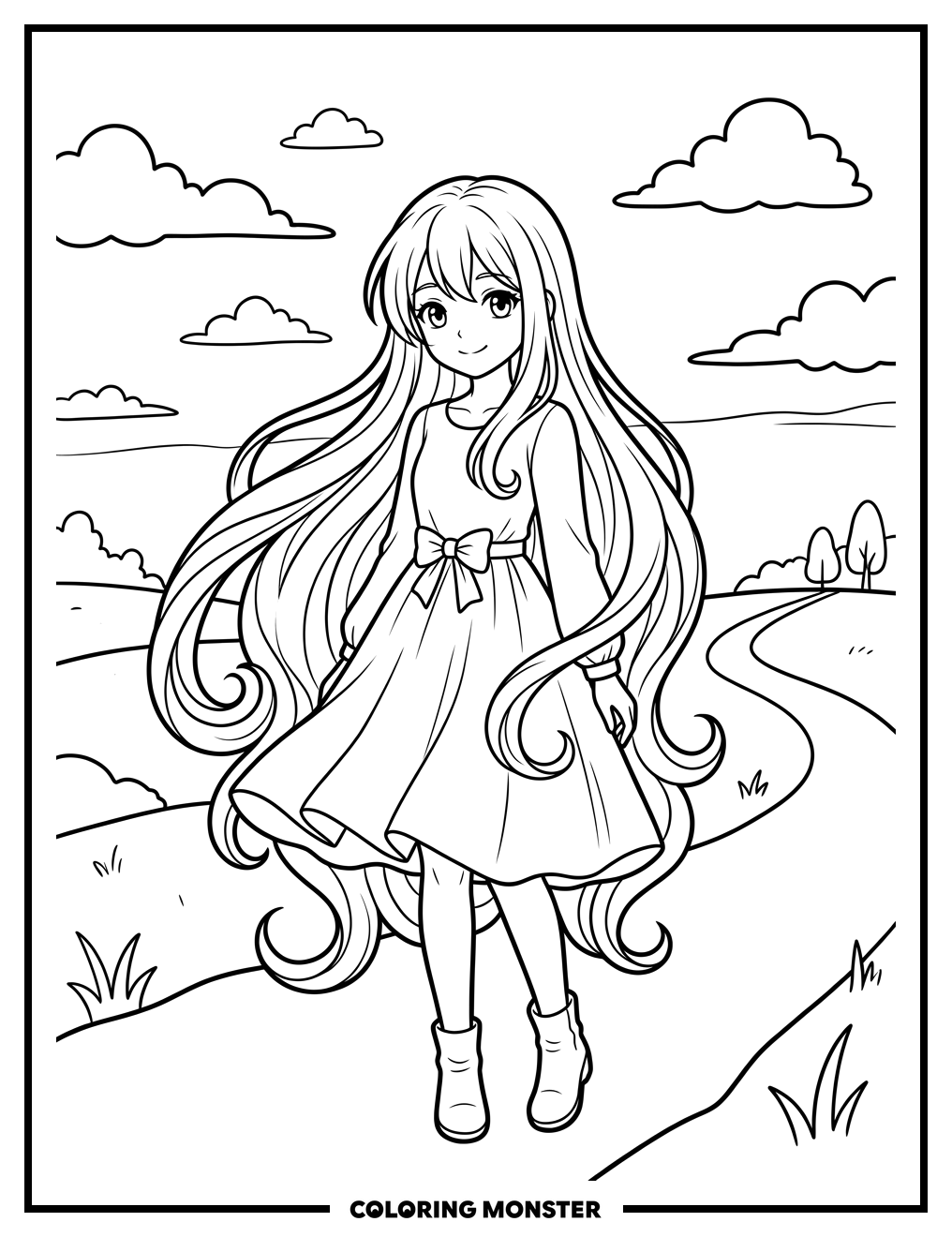 Anime Girl in Open Field Coloring Page