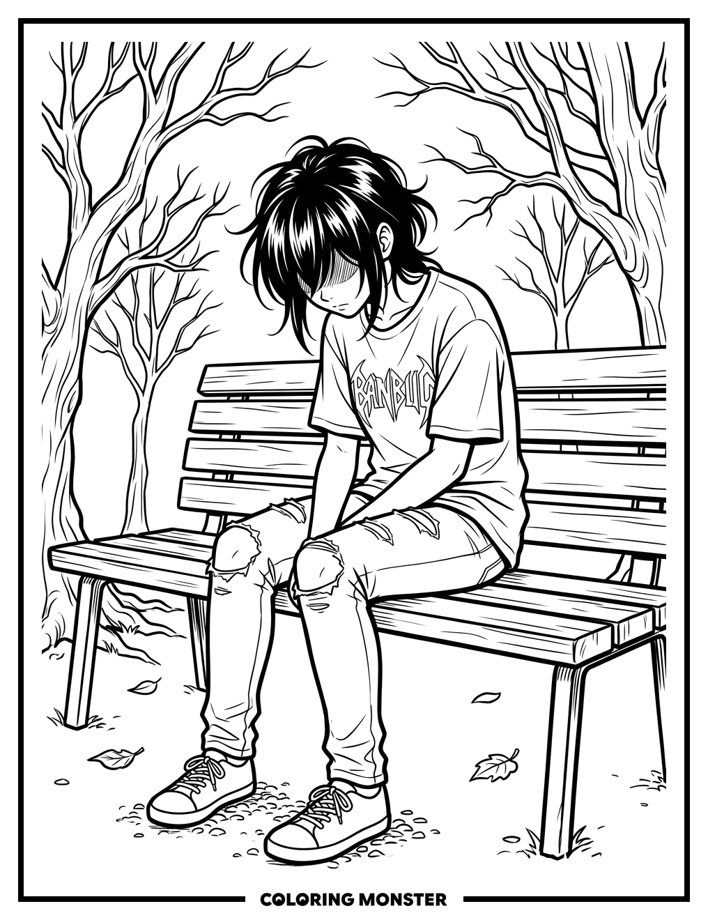 Anime Girl on Park Bench Coloring Page