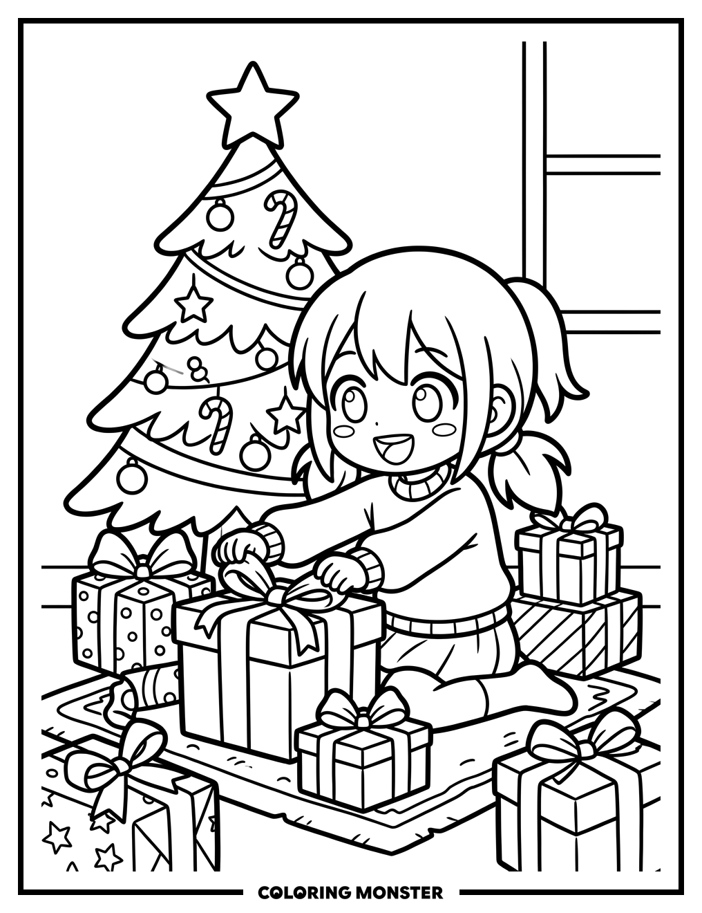 Anime Girl Opening Christmas Presents Coloring Page