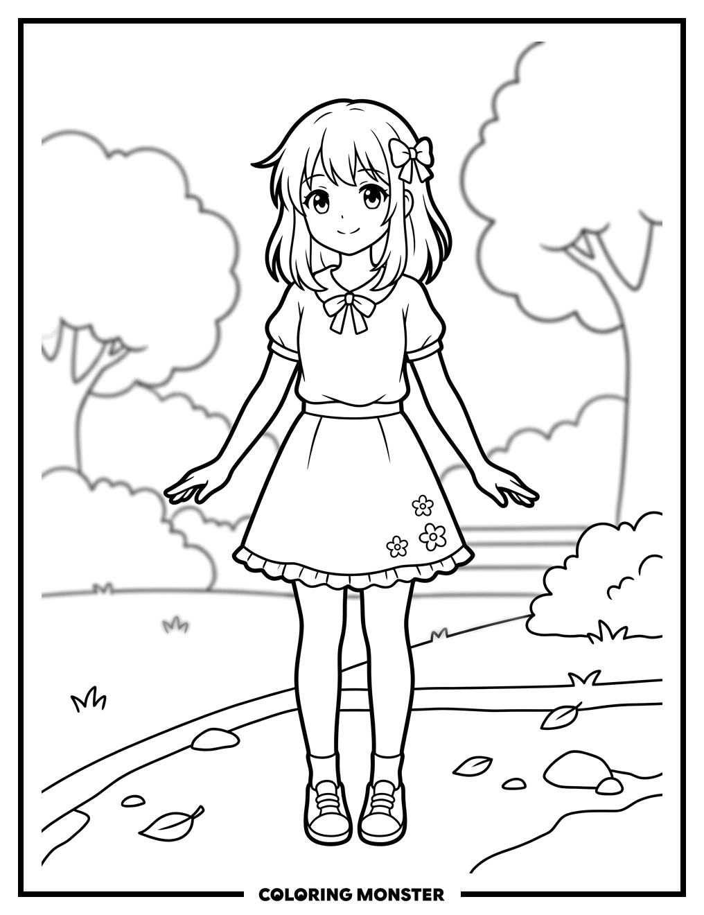 Anime Girl Outdoors Coloring Page