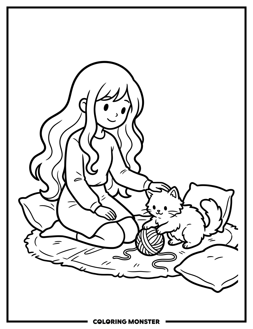 Anime Girl Petting a Playful Cat Coloring Page