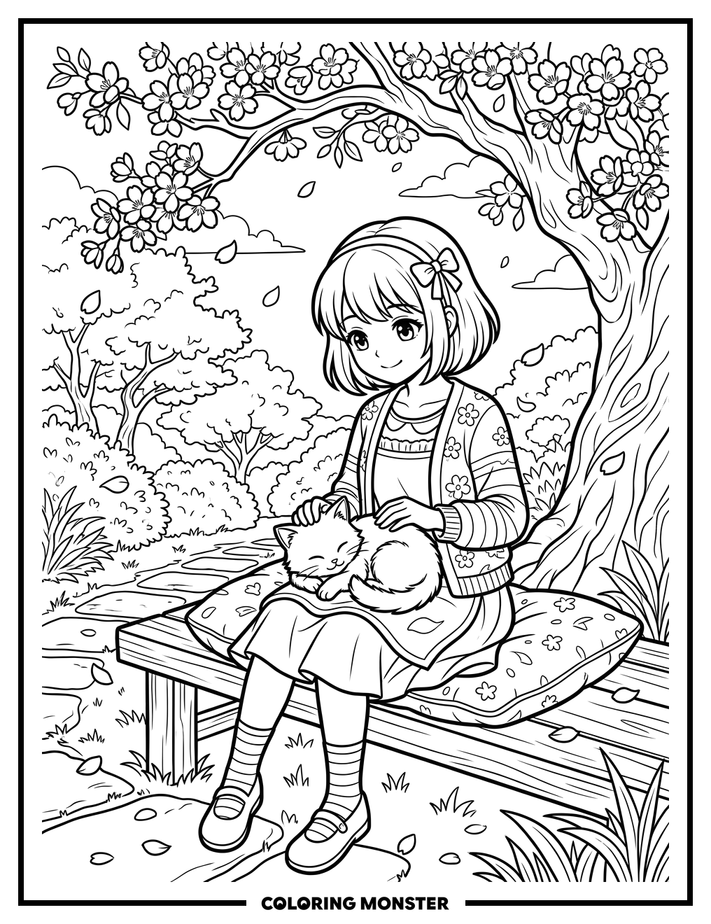 Anime Girl Petting Cat Under Cherry Blossoms Coloring Page