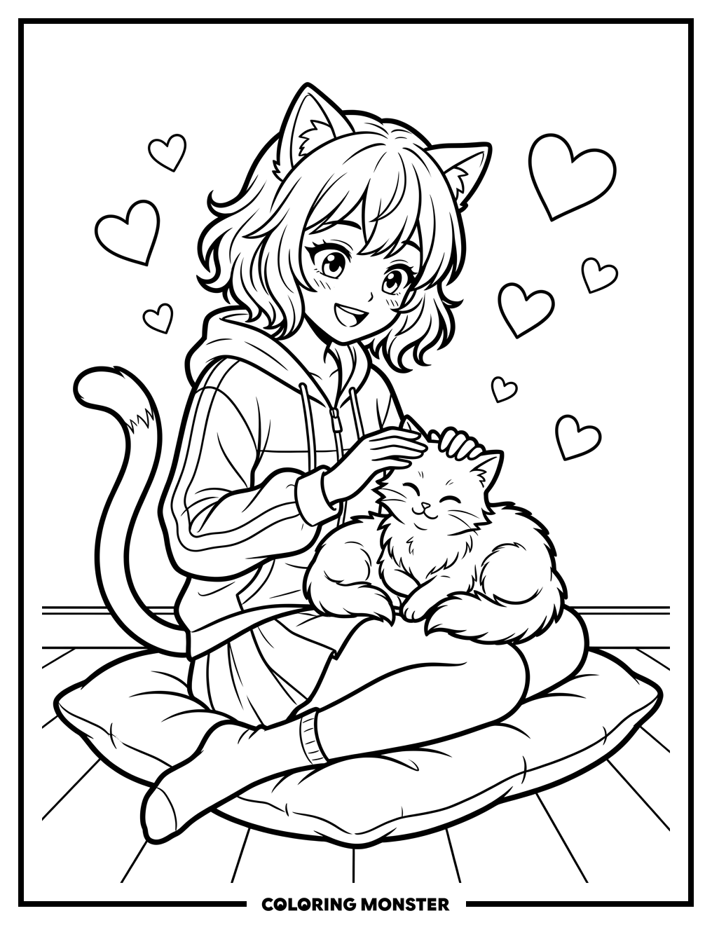 Anime Girl Petting Fluffy Cat Coloring Page