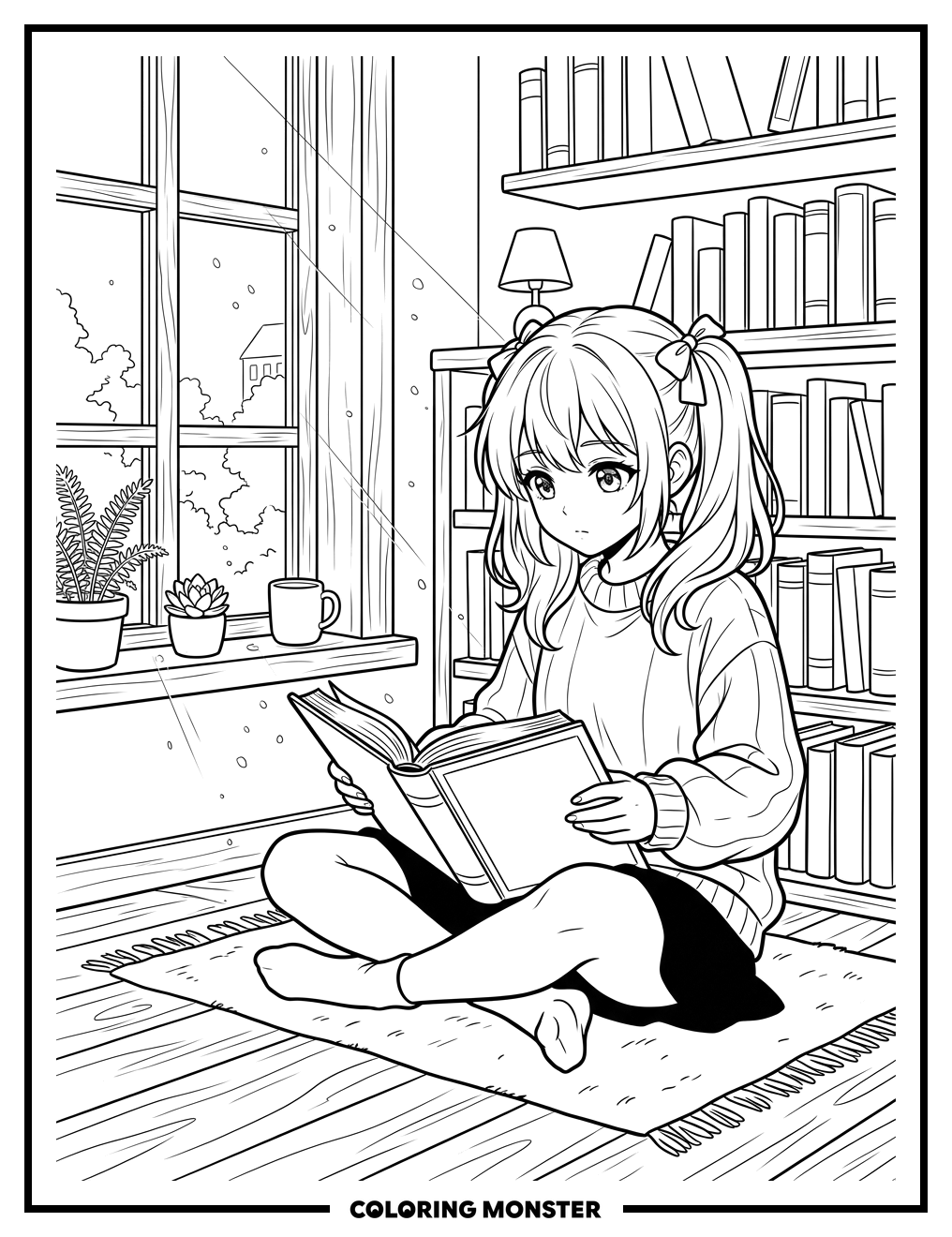 Anime Girl Reading A Book Coloring Page