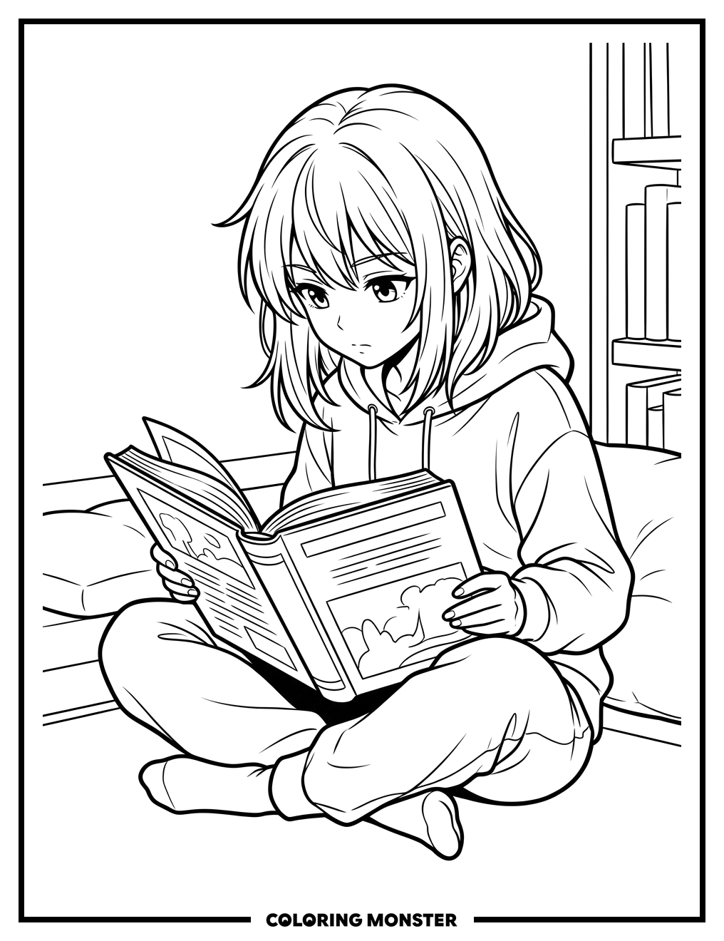 Anime Girl Reading a Book Coloring Page