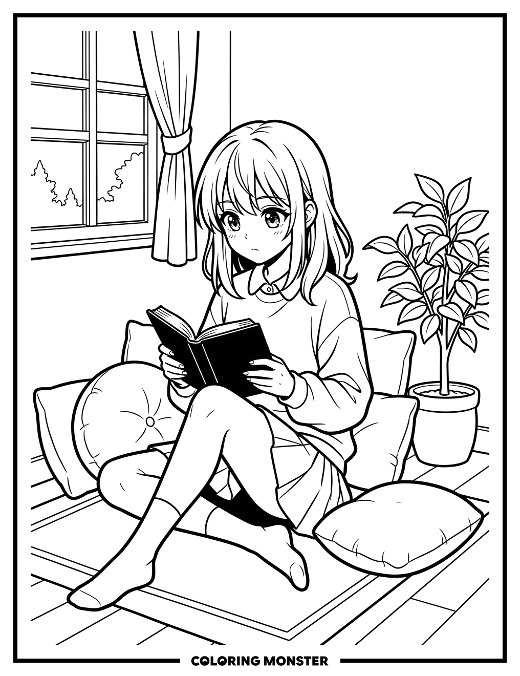 Anime Girl Reading Book Coloring Page