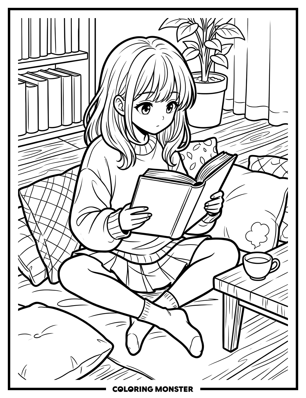 Anime Girl Reading Book Coloring Page