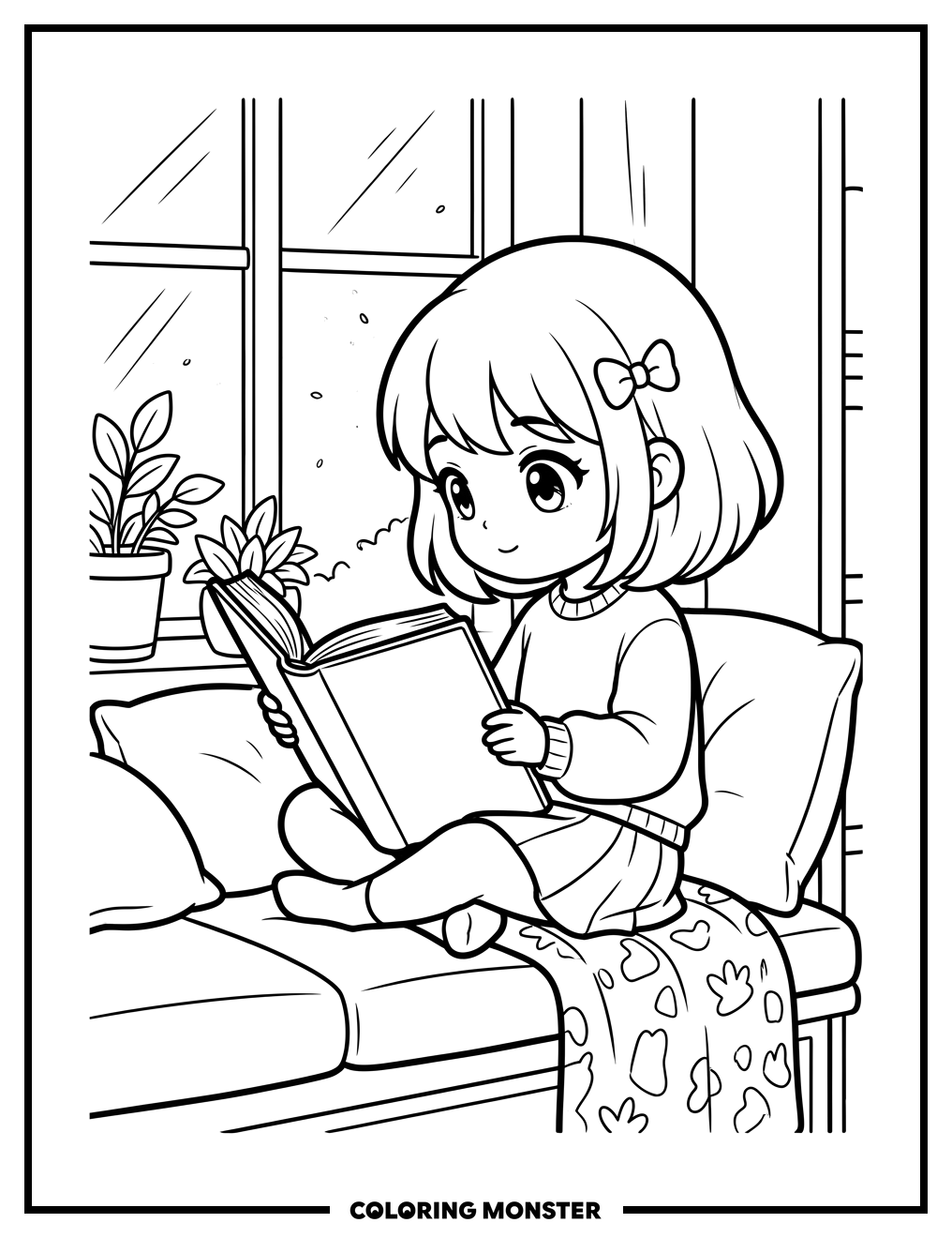 Anime Girl Reading by Sunny Window Coloring Page