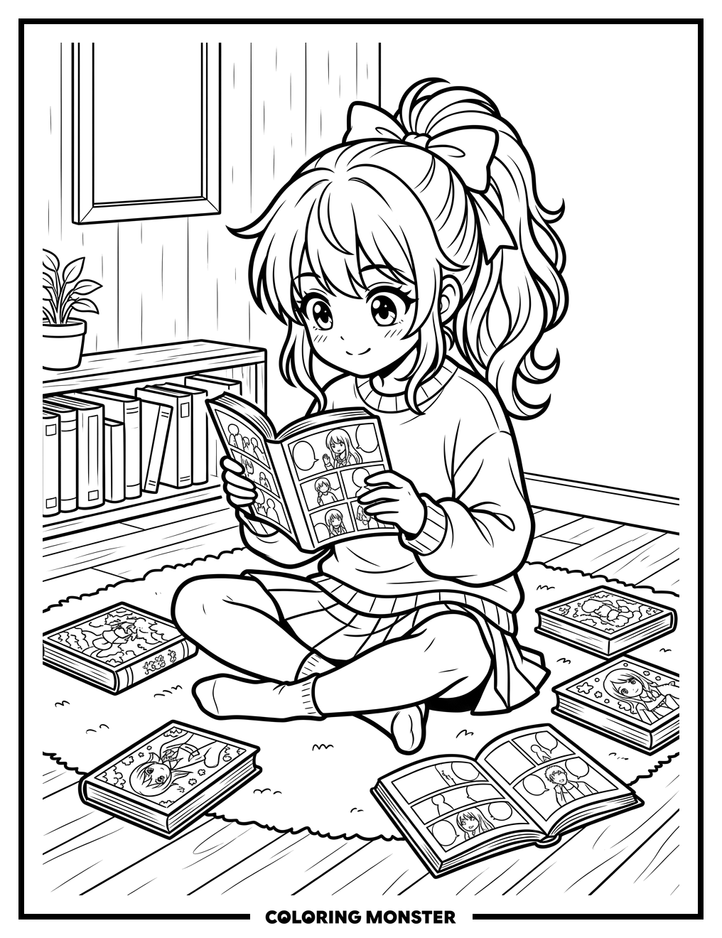 Anime Girl Reading Manga Coloring Page