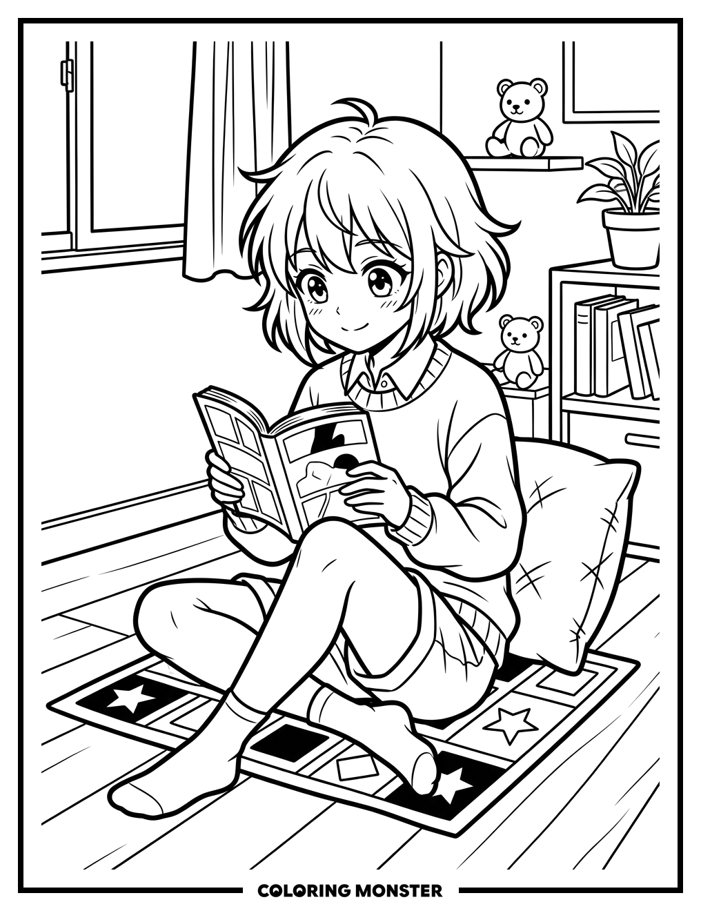 Anime Girl Reading Manga Coloring Page