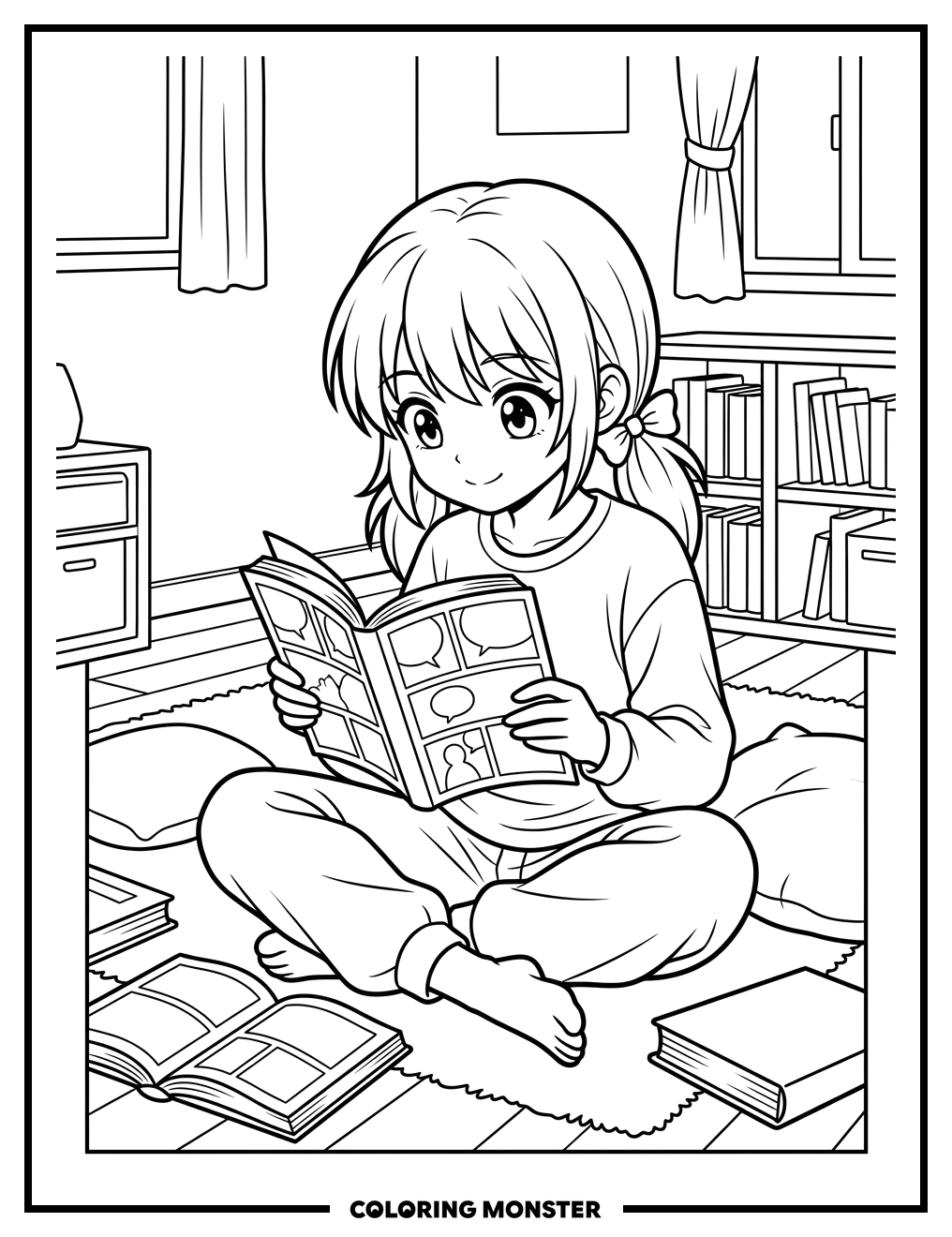 Anime Girl Reading Manga Book Coloring Page